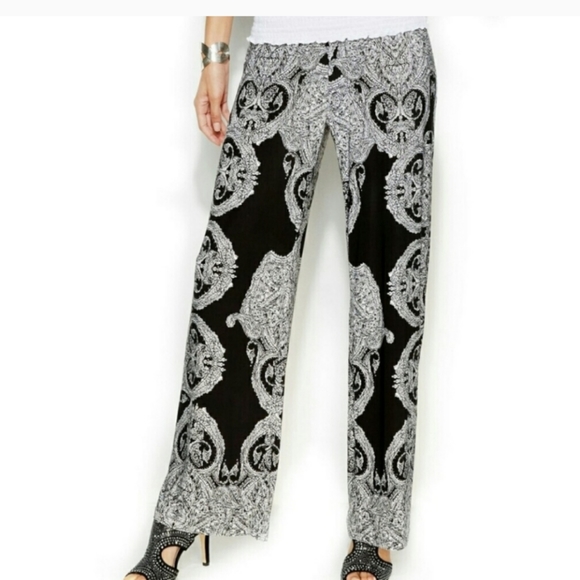 INC International Concepts Petite Paisley Wide Leg Pull On Pants Size P/S Navy - Picture 11 of 11